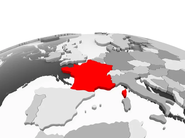 Francja Kolorze Czerwonym Model Szary Globus Polityczny Przezroczystym Oceanów Ilustracja — Zdjęcie stockowe