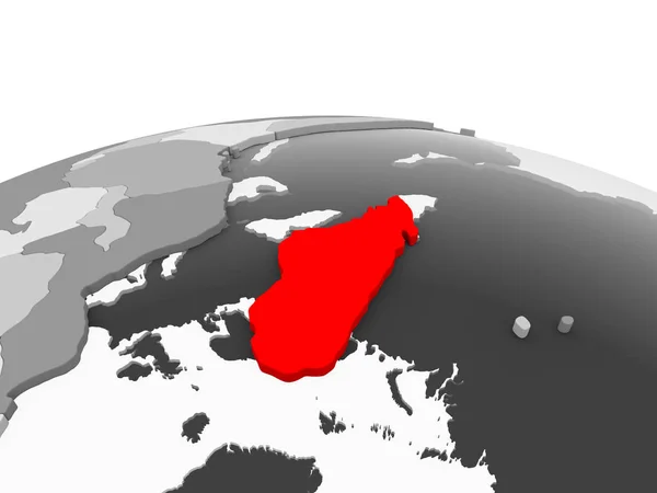 Μαδαγασκάρη Κόκκινο Χρώμα Στο Γκρίζο Υπόδειγμα Πολιτικής Σφαίρας Διαφανή Ωκεανούς — Φωτογραφία Αρχείου