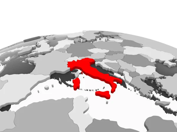 Италия Красном Серой Модели Политического Глобуса Прозрачными Океанами Иллюстрация — стоковое фото