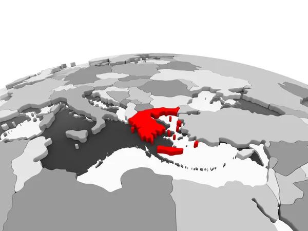 Grecja Kolorze Czerwonym Model Szary Globus Polityczny Przezroczystym Oceanów Ilustracja — Zdjęcie stockowe