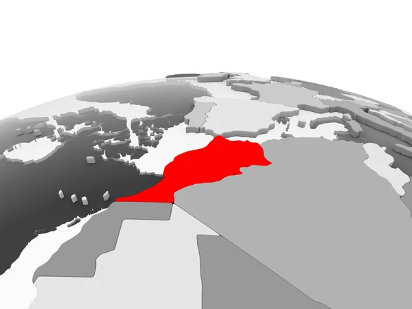 Marruecos Rojo Sobre Gris Modelo Globo Político Con Océanos Transparentes —  Fotos de Stock