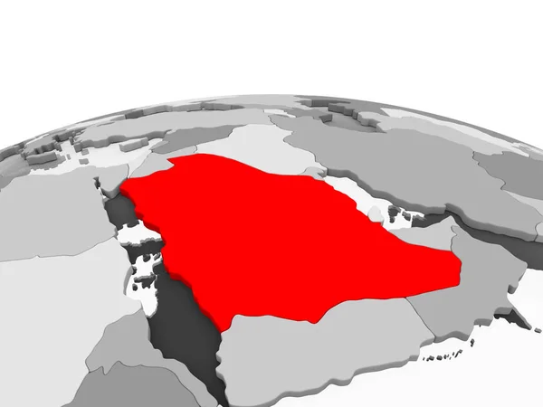 Arábia Saudita Vermelho Modelo Cinza Globo Político Com Oceanos Transparentes — Fotografia de Stock