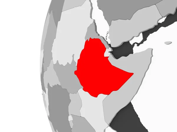 Ethiopië Grijs Gemarkeerd Model Van Politieke Wereldbol Met Transparante Oceanen — Stockfoto