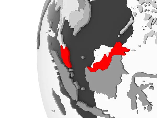 Malezja Wyróżnione Szarym Model Globus Polityczny Przezroczystym Oceanów Ilustracja — Zdjęcie stockowe