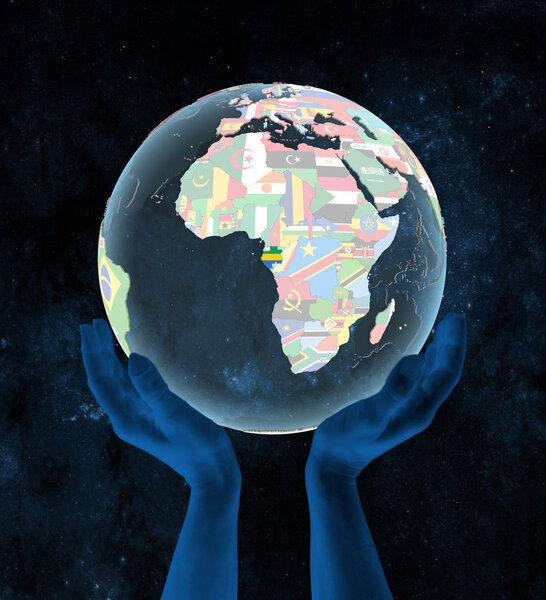Gabon on translucent political globe in hands in space. 3D illustration.