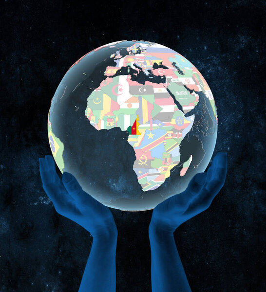 Cameroon on translucent political globe in hands in space. 3D illustration.