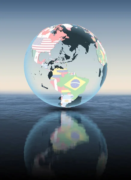 Caribbean on political globe floating above water. 3D illustration.