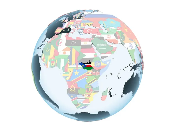 South Sudan Bright Political Globe Embedded Flag Illustration Isolated White — Stock Photo, Image