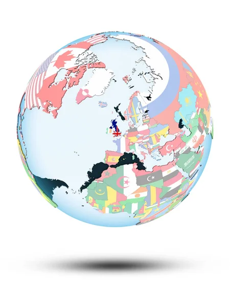 Vereintes Königreich Auf Politischem Globus Mit Isoliertem Schatten Auf Weißem — Stockfoto