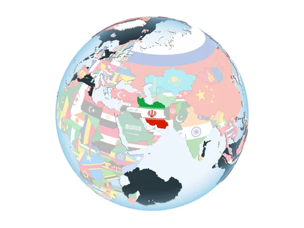 Iran Jasne Globus Polityczny Flagą Osadzonych Ilustracja Białym Tle — Zdjęcie stockowe