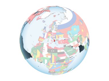 Arnavutluk katıştırılmış bayrak ile parlak siyasi dünya üzerinde. 3d illüstrasyon izole beyaz arka plan üzerinde.