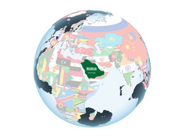Suudi Arabistan katıştırılmış bayrak ile parlak siyasi dünya üzerinde. 3d illüstrasyon izole beyaz arka plan üzerinde.