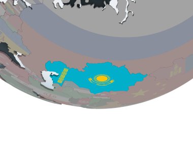 Kazakistan katıştırılmış bayrak ile siyasi dünya üzerinde. 3D çizim.