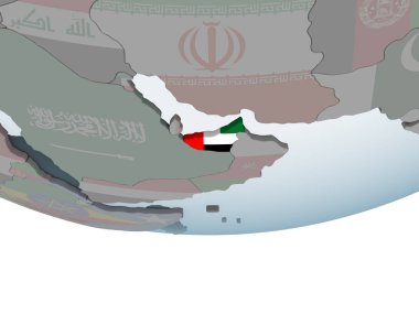 Birleşik Arap Emirlikleri katıştırılmış bayrak ile siyasi dünya üzerinde. 3D çizim.
