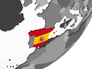 İspanya katıştırılmış bayrak ile gri siyasi dünya üzerinde. 3D çizim.