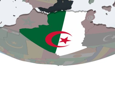 Cezayir katıştırılmış bayrak ile siyasi dünya üzerinde. 3D çizim.