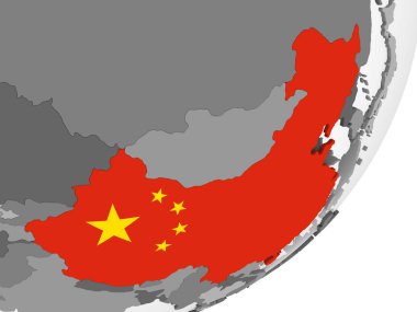 Çin katıştırılmış bayrak ile gri siyasi dünya üzerinde. 3D çizim.