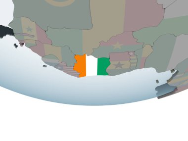 Fildişi Sahili katıştırılmış bayrak ile siyasi dünya üzerinde. 3D çizim.