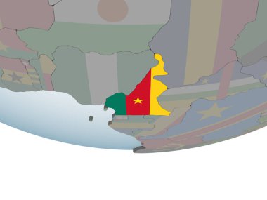 Kamerun katıştırılmış bayrak ile siyasi dünya üzerinde. 3D çizim.