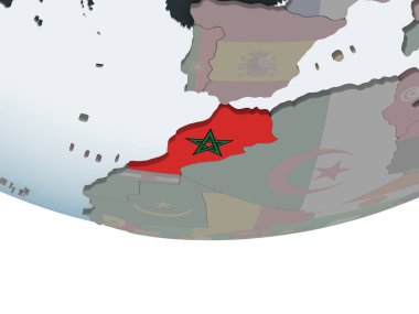 Fas katıştırılmış bayrak ile siyasi dünya üzerinde. 3D çizim.