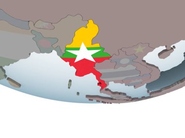 Myanmar katıştırılmış bayrak ile siyasi dünya üzerinde. 3D çizim.