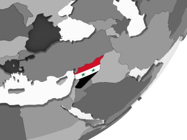 Suriye katıştırılmış bayrak ile gri siyasi dünya üzerinde. 3D çizim.