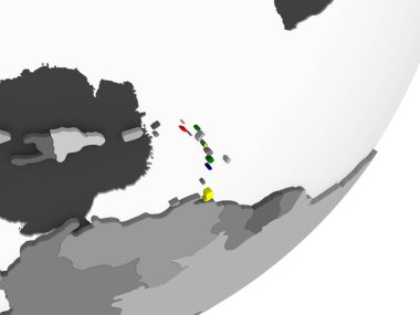 Karayipler katıştırılmış bayrak ile gri siyasi dünya üzerinde. 3D çizim.