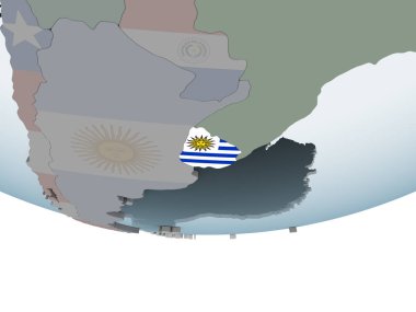 Uruguay katıştırılmış bayrak ile siyasi dünya üzerinde. 3D çizim.