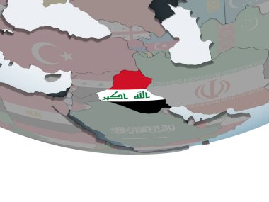 Irak katıştırılmış bayrak ile siyasi dünya üzerinde. 3D çizim.