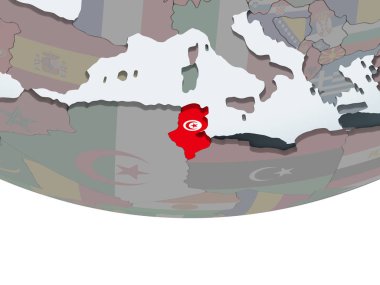 Tunus katıştırılmış bayrak ile siyasi dünya üzerinde. 3D çizim.
