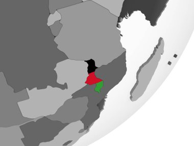 Malavi katıştırılmış bayrak ile gri siyasi dünya üzerinde. 3D çizim.