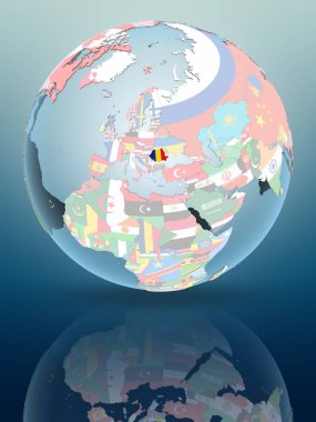 Romanya parlak yüzeye yansıtan siyasi dünya üzerinde. 3D çizim.