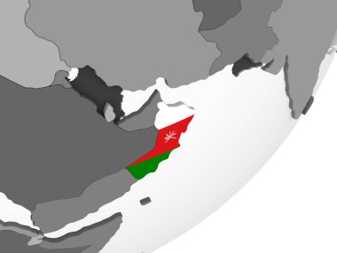 Umman katıştırılmış bayrak ile gri siyasi dünya üzerinde. 3D çizim.