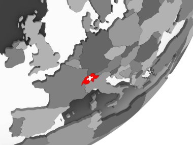 İsviçre katıştırılmış bayrak ile gri siyasi dünya üzerinde. 3D çizim.