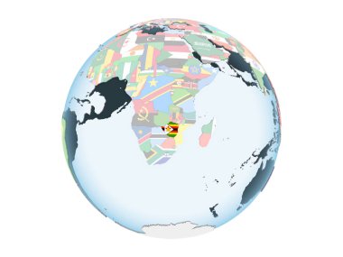 Zimbabve katıştırılmış bayrak ile parlak siyasi dünya üzerinde. 3d illüstrasyon izole beyaz arka plan üzerinde.