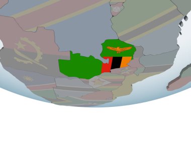 Zambiya katıştırılmış bayrak ile siyasi dünya üzerinde. 3D çizim.