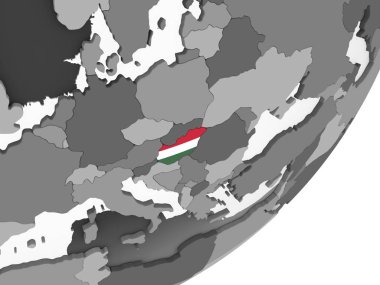 Macaristan katıştırılmış bayrak ile gri siyasi dünya üzerinde. 3D çizim.