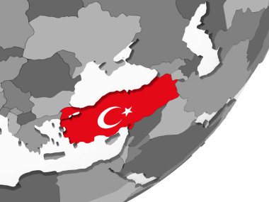Türkiye katıştırılmış bayrak ile gri siyasi dünya üzerinde. 3D çizim.