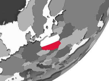 Polonya katıştırılmış bayrak ile gri siyasi dünya üzerinde. 3D çizim.