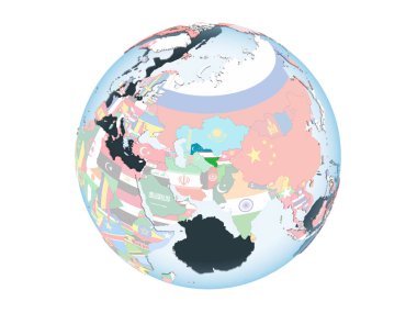 Özbekistan katıştırılmış bayrak ile parlak siyasi dünya üzerinde. 3d illüstrasyon izole beyaz arka plan üzerinde.