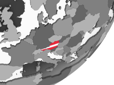 Avusturya katıştırılmış bayrak ile gri siyasi dünya üzerinde. 3D çizim.