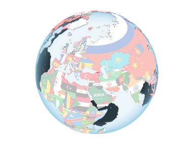 Georgia katıştırılmış bayrak ile parlak siyasi dünya üzerinde. 3d illüstrasyon izole beyaz arka plan üzerinde.