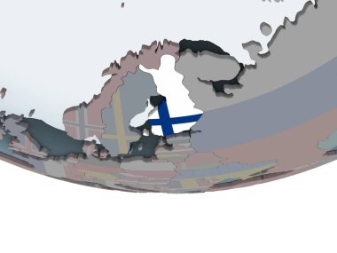 Finlandiya katıştırılmış bayrak ile siyasi dünya üzerinde. 3D çizim.