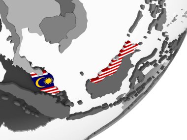 Malezya katıştırılmış bayrak ile gri siyasi dünya üzerinde. 3D çizim.