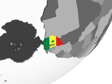 Senegal katıştırılmış bayrak ile gri siyasi dünya üzerinde. 3D çizim.