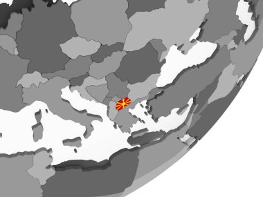 Makedonya katıştırılmış bayrak ile gri siyasi dünya üzerinde. 3D çizim.