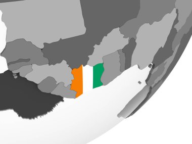 Fildişi Sahili katıştırılmış bayrak ile gri siyasi dünya üzerinde. 3D çizim.