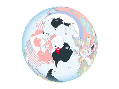 Grönland katıştırılmış bayrak ile parlak siyasi dünya üzerinde. 3d illüstrasyon izole beyaz arka plan üzerinde.