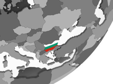 Bulgaristan katıştırılmış bayrak ile gri siyasi dünya üzerinde. 3D çizim.