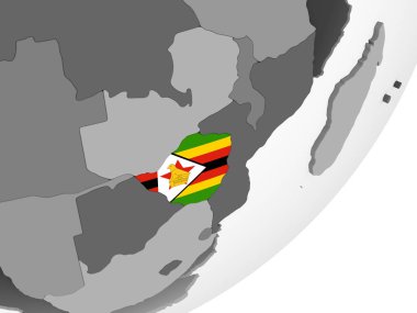 Zimbabve katıştırılmış bayrak ile gri siyasi dünya üzerinde. 3D çizim.